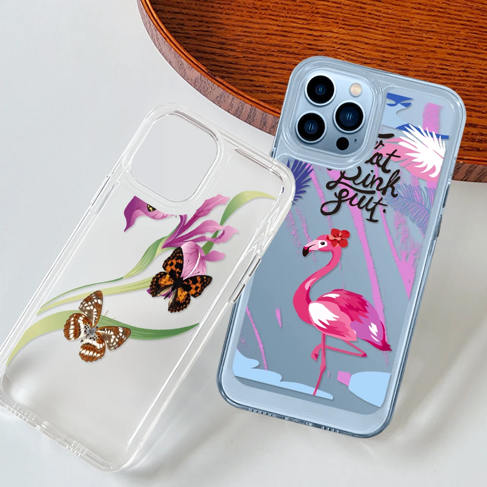 

Clear Phone Case for iPhone 14 13 12 11 Pro Max Mini XS XR X Pink Flamingo Butterfly Back Cover for iPhone14ProMax Coque Fundas