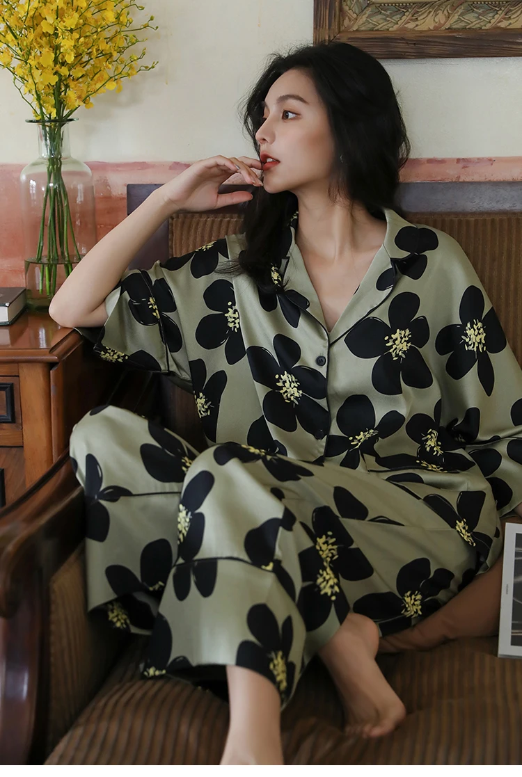 Summer Suit Plant Print Satin Pajamas Set Women's Home Wear Long Sleeve Elastic Waist Temperament Sleepwear Two Piece Pajama Set