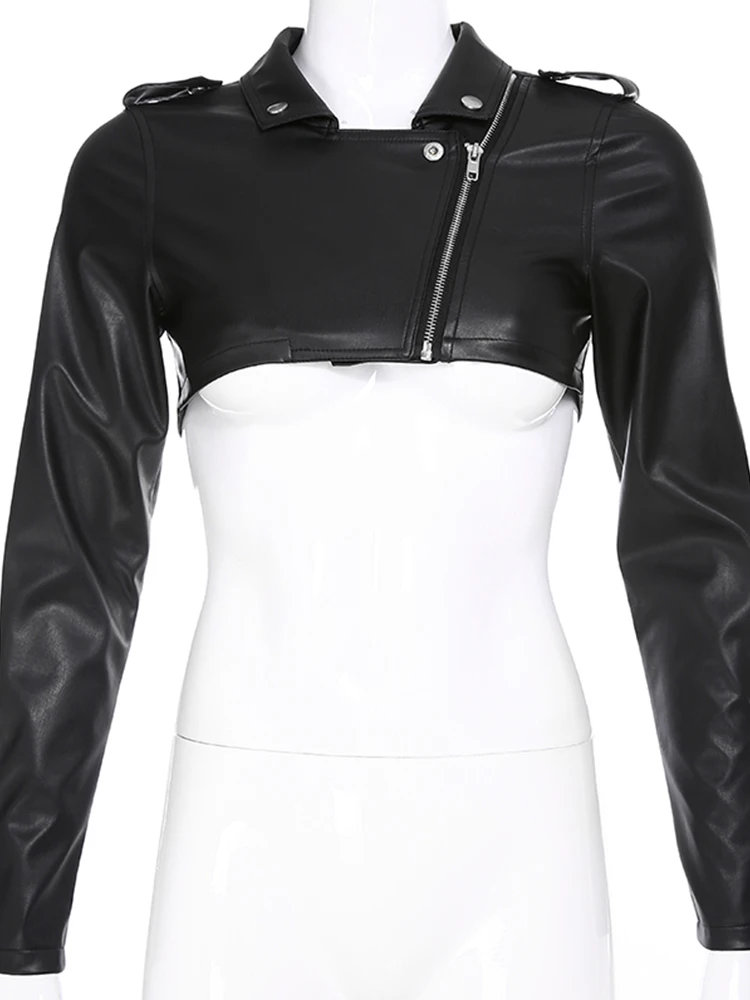 Iamhotty Black PU Leather Crop Jacket Street Wear Punk Style Womens Coats Long Sleeve Turn-Down Zipper Short Jacket 2019 Fashion