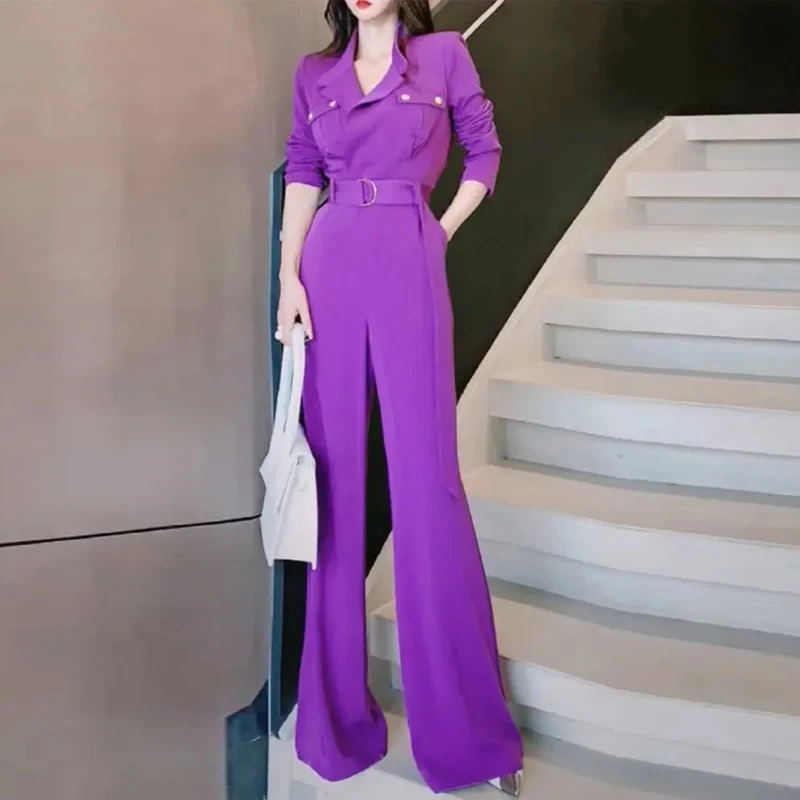Женский деловой комбинезон, элегантный повседневный комбинезон с отложным воротником и длинными рукавами, узкие комбинезоны с широкими штанинами для весны и осени