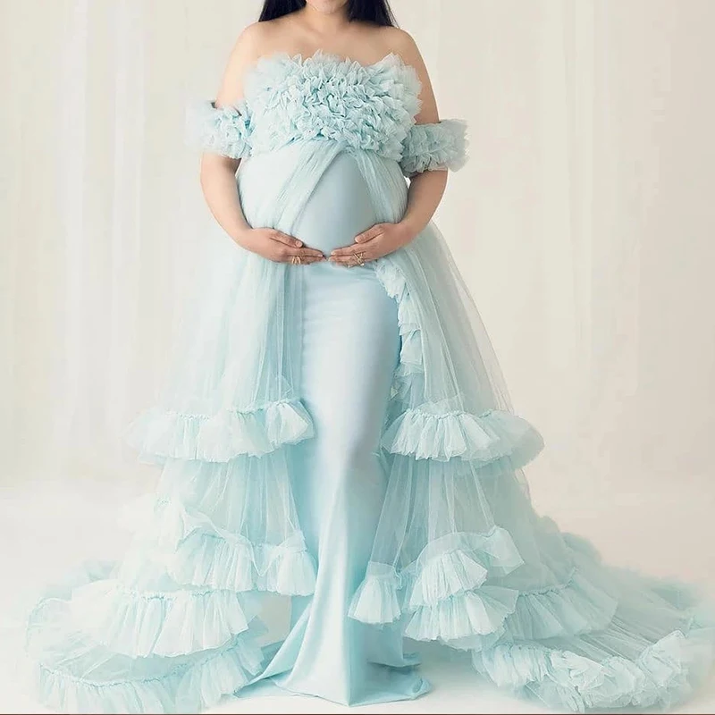 

Off The Shoulder Maternity Dresses Ruffles Pregnant Women Gown Photoshoot Boudoir Bridal Robe Pregnancy Babyshower Dressing Gown