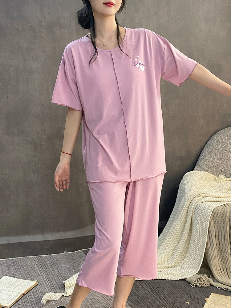 Cropped Pants Summer Women's Pajamas With Chest Pad One Short sleeve Modal Thin Wear-Free Bra Nipple Coverage Homewear