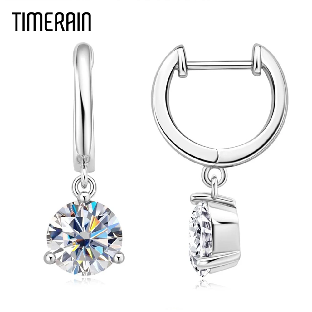 

Timerain Real 1.5ct Moissanite Hoop Earrings for Women Girls Silver 925 Original Certified 3 Prong Drop Earring Luxury Jewelry