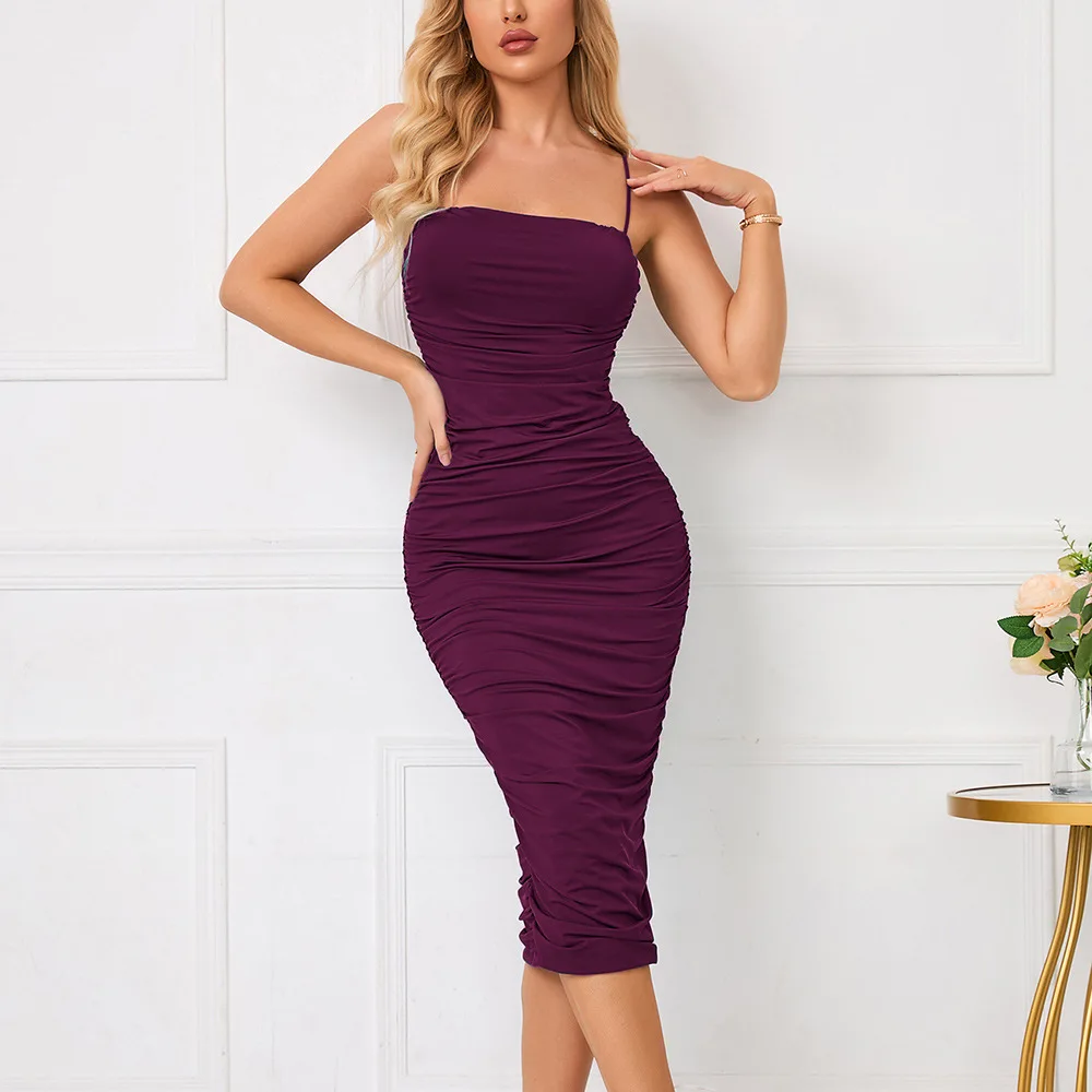 

Wepbel Sexy Camis Dress Women Sleeveless Club Party Wear Bodycon Sexy Midi Dress Solid Color Pleated Suspender Long Sheath Dress