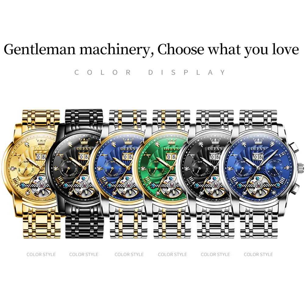 OLEVS Automatic Watch For Men Green Mechanica Multifunctional Wristwatch Tourbillon Skeleton Calendar Watches Relogio Masculino enlarge