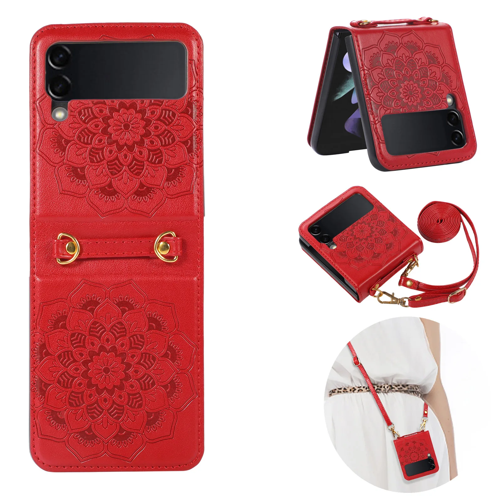 

Folio Case for Samsung Galaxy Z Flip 3 5G Fashion Flower Embossed Shoulder Strap Folding PU Leather Phone Cover Case