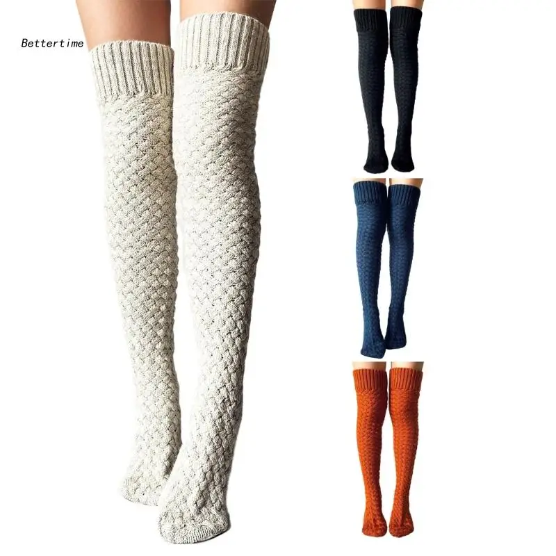 

B36D Women Braided Cable Knit Thigh High Boot Socks Twisted Knitting Long Leg Warmer