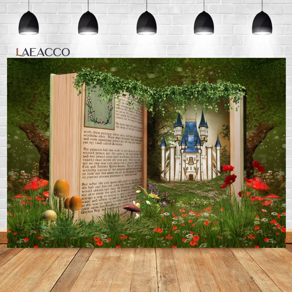 

Laeacco Fairy Tale Book Photo Backdrop Enchanted Forest Flower Castle Girls Birthday Baby Shower Portrait Photography Background