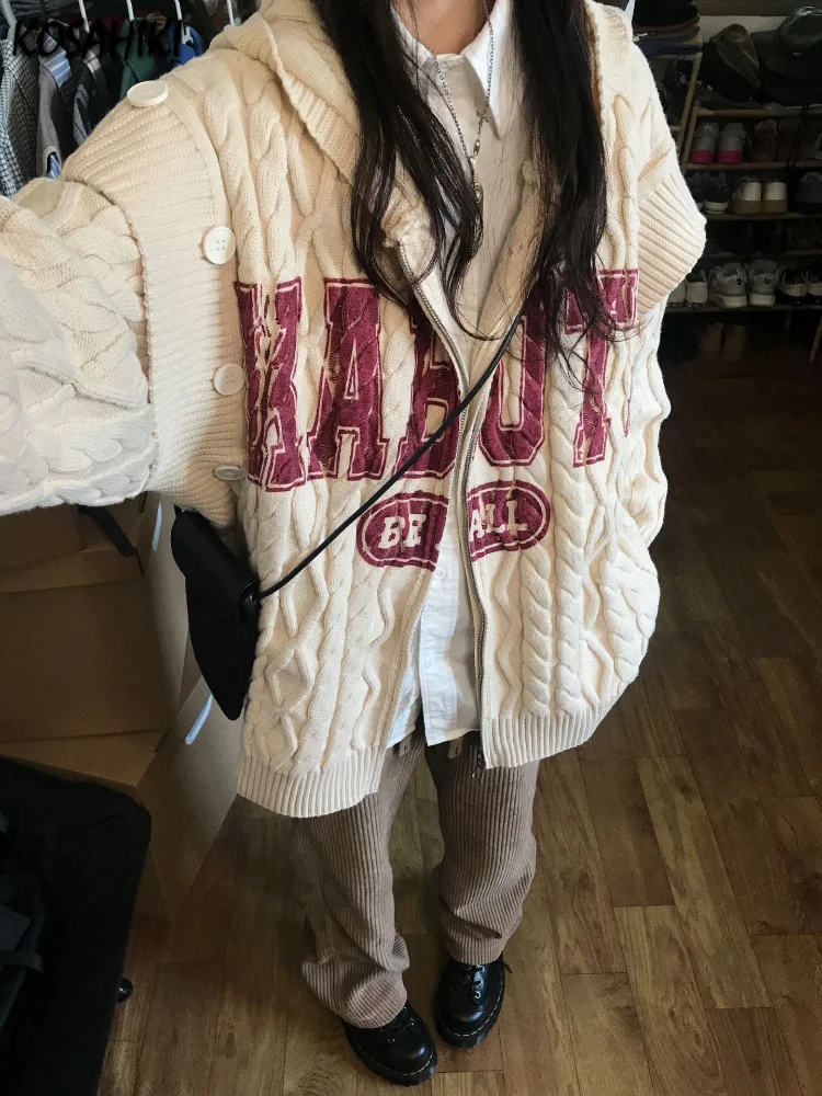 

Removable Harajuku Vintage Hooded Cardigan Patchwork Women Autumn Y2k Aesthetic Loose Jacket Letter Print Solid Grunge Sweaters