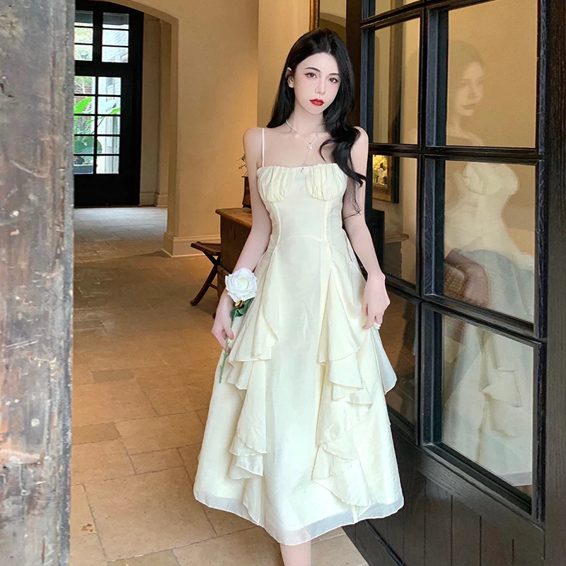 

NEW Long Ruffled Slip Dress Women Summer 2022 Runway Elegant Exotic Vintage Korean Fairy Beach Vacation Party Night Dresses