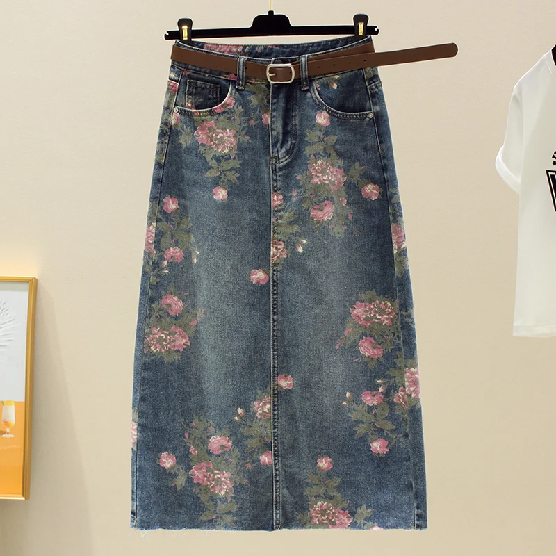 

Streetwear Vintage Flower Print Denim Skirts Summer High Waist Slim Sexy Open Split Straight Jeans Skirt Bodycon Saias Female