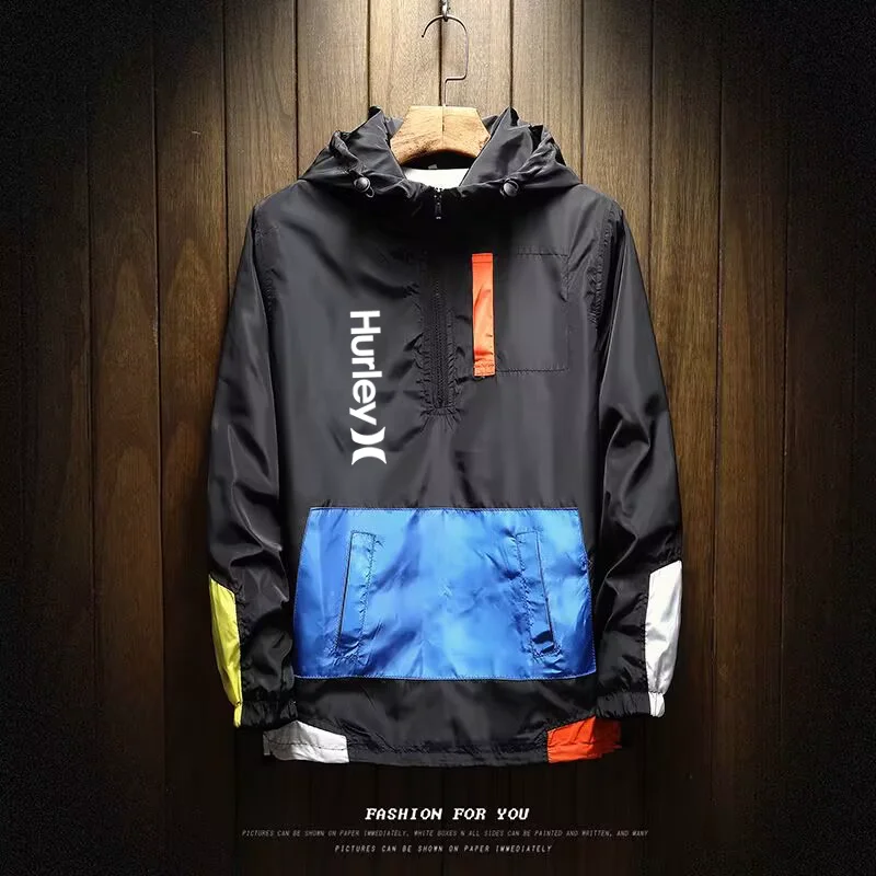 

Hurley Men's Spring and Autumn Windbreaker Jacket Fashion Casual Outdoor Sports Hooded Pullover High Quality Jacket Large Jacket