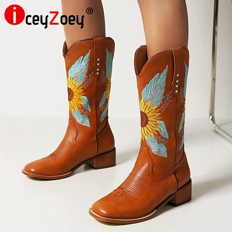 

IceyZoey Size 35-48 Women Boots 2022 Winter Shoes Flower Embroidery Half Calf Boots Casual Daily Vintage Female Footwear