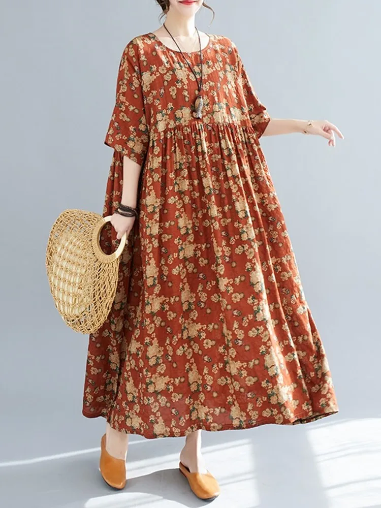 

Женское Хлопковое платье с коротким рукавом, повседневное Свободное длинное платье-макси большого размера с винтажным принтом в Корейском стиле, элегантная одежда, лето 2023