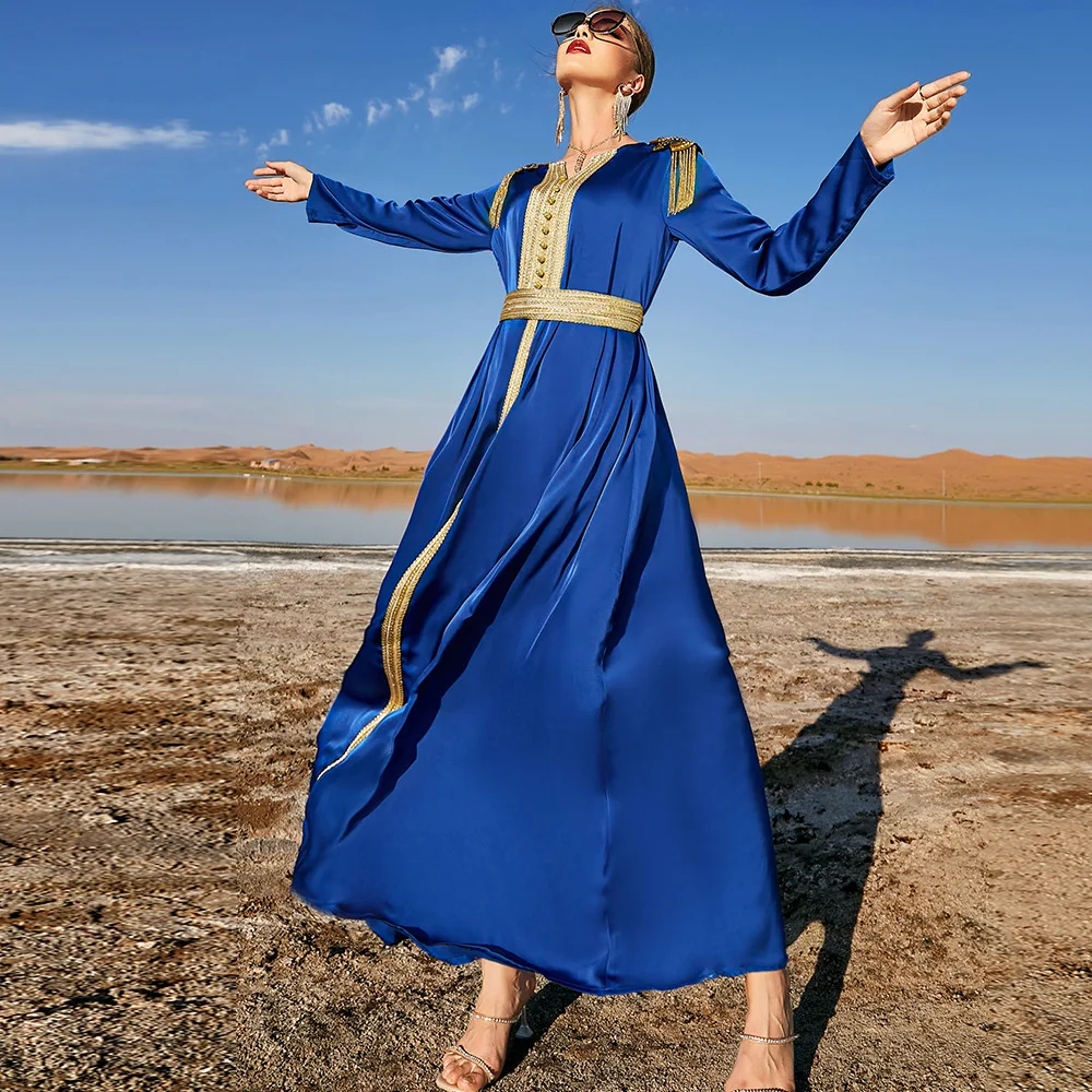 Blue Satin Abaya Dubai Arabic Turkey Islam Hijab Muslim Dress Prayer Clothes Kaftans Abayas for Women  Djellaba Femme Musulmane
