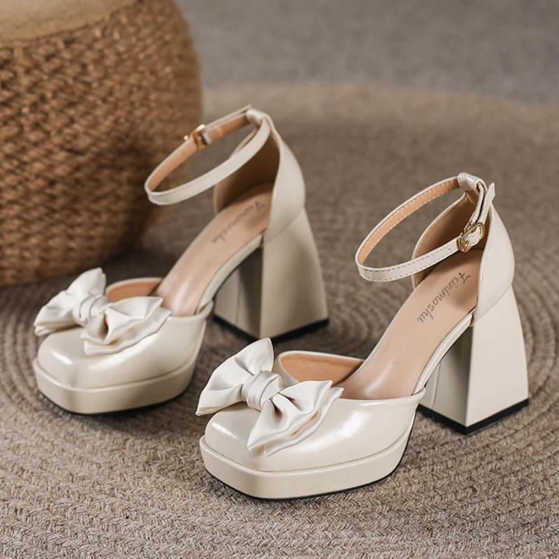 Sweet Bow Chunky Platform High Heels Mary Jane Sandals Women Square Toe Ankle Strap Elegant Heeled Pumps Wedding Shoes Ladies
