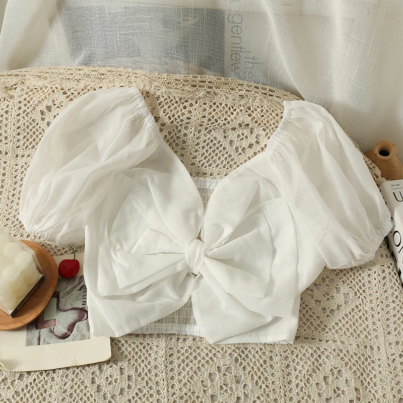 

Блузка женская с открытой спиной, Белый Модный повседневный облегающий топ с V-образным вырезом, бантом и пышными рукавами, для отпуска, на л...