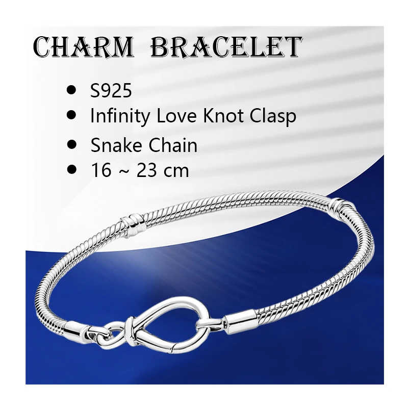 

Silver 925 Original Wrist Charm Bracelets For Women Jewelry Asymmetrical Infinity Love Knot Clasp Snake Chain Mother's Day Gifts