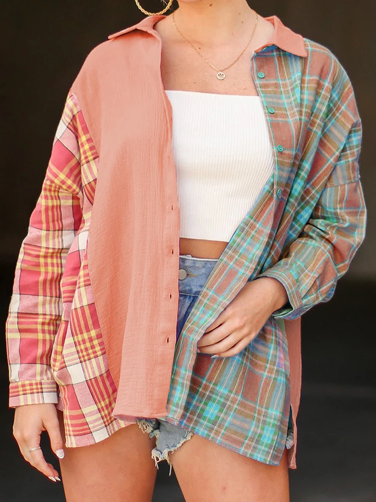 

Casual Plaid Button Shirt Top For Women Autumn Long Sleeves Fashion Lapel Loose Patchwork Streetwear Blouses And Shirts Women's