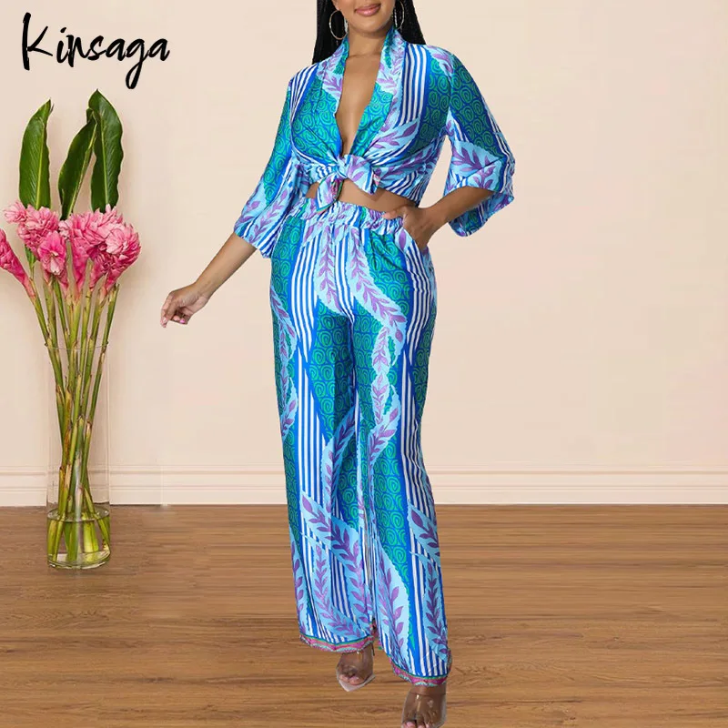 

Satin Print Blouses High Waist Loose Wide Lege Pants Women 2 Piece Sets Lace Up 3/4 Sleeves Top Outfits Casual Office Lady Suits
