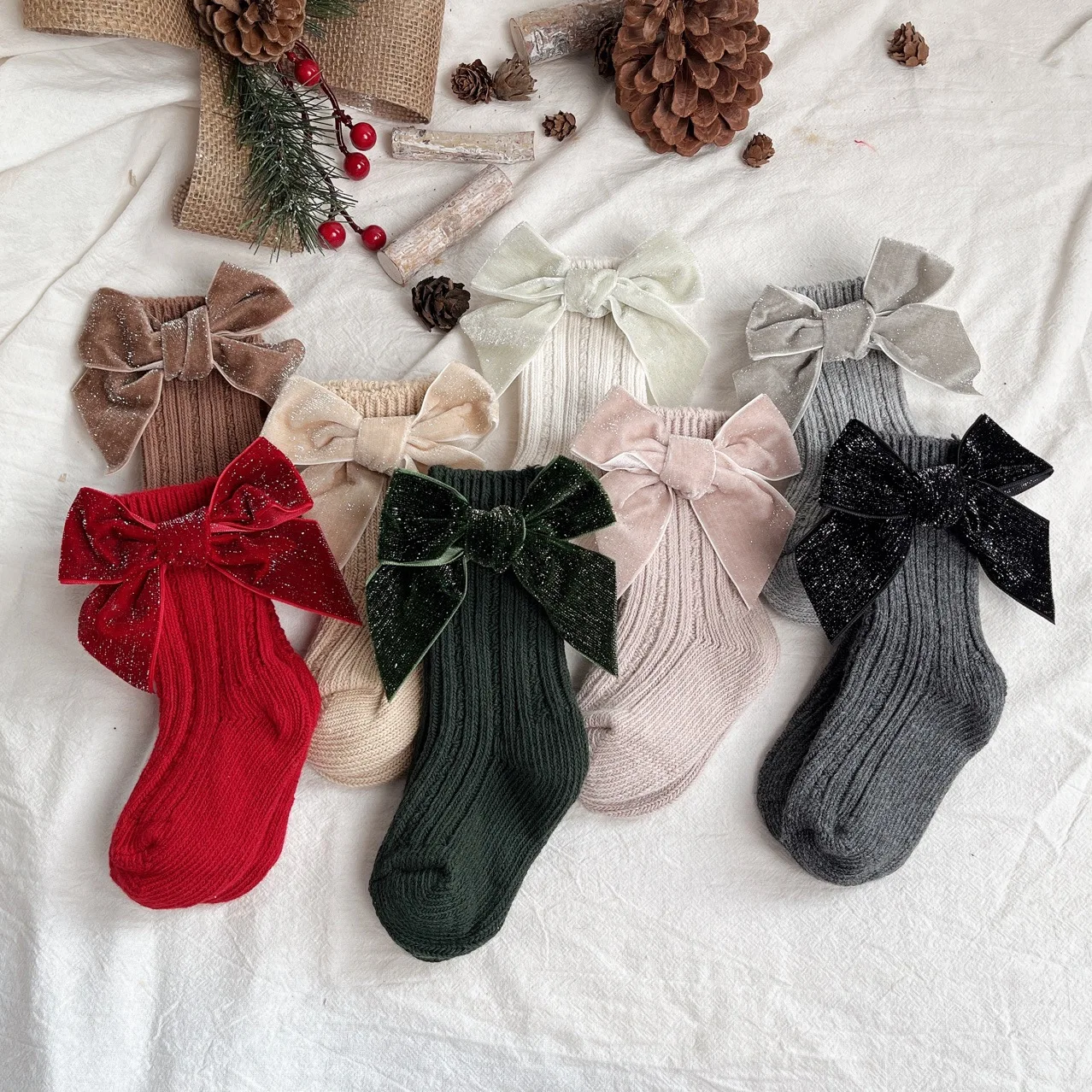 

0-5Y Baby Girls Christmas Socks Winter Kids Cotton Sock Big Bows Woolen Leg Warmers Girl Toddler Soft Thicken Warm Sock Children