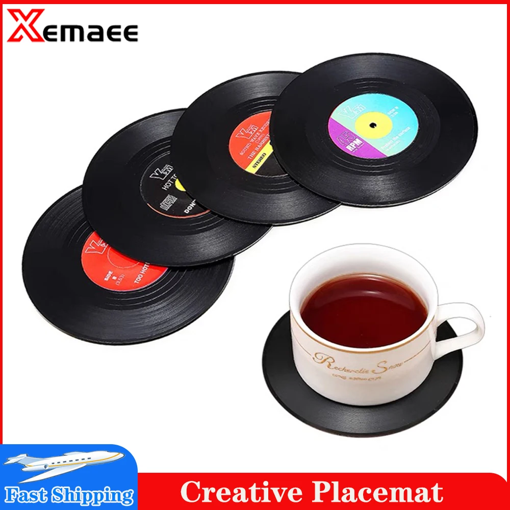 

Retro Record Coaster Cup Mat Plastic Record Table Mats Coffee Placemat Heat-resistant Non Slip Hot Drink Pads Kitchen Home Decor