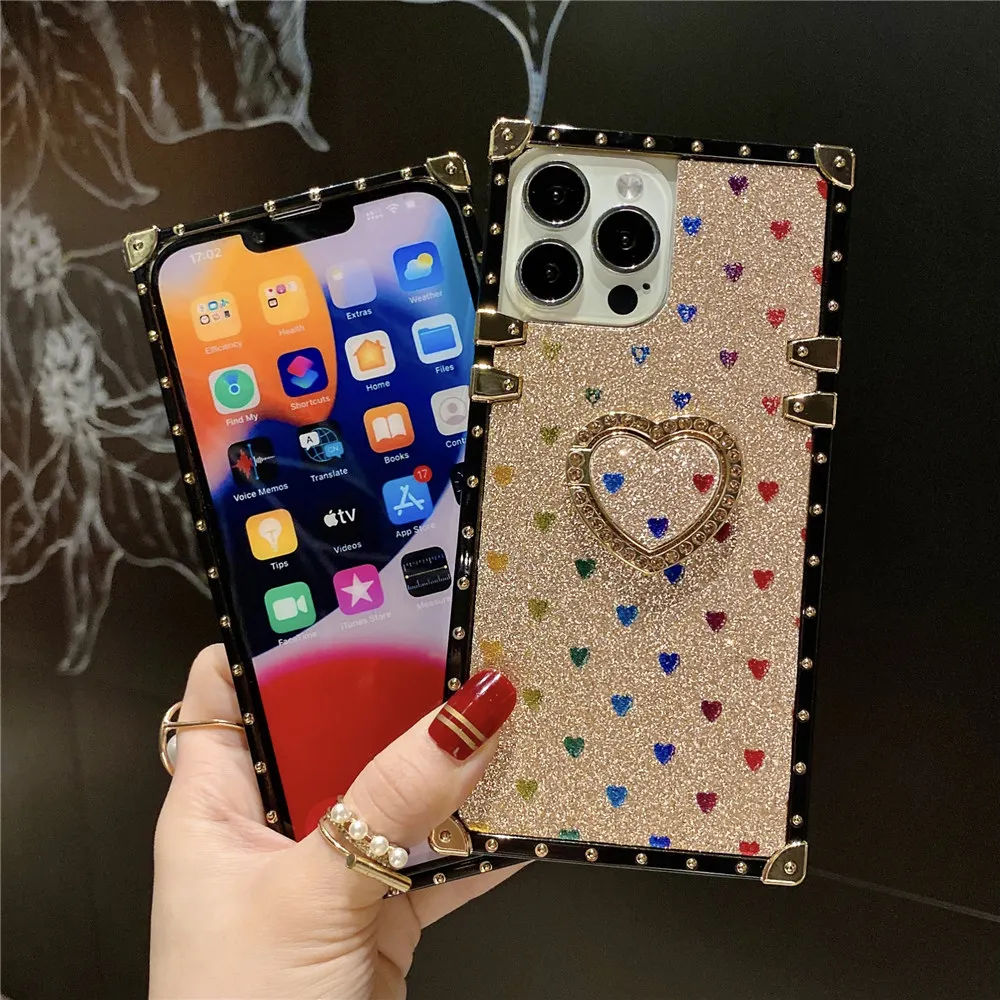Футляр квадратной формы с держателем кольца Fashion Glitter Love Heart Diamond для VIVO X50 X70 X80 X90 X30 X20 V15 V17 S16Pro X6 X7 X5 X15E X9E X21.