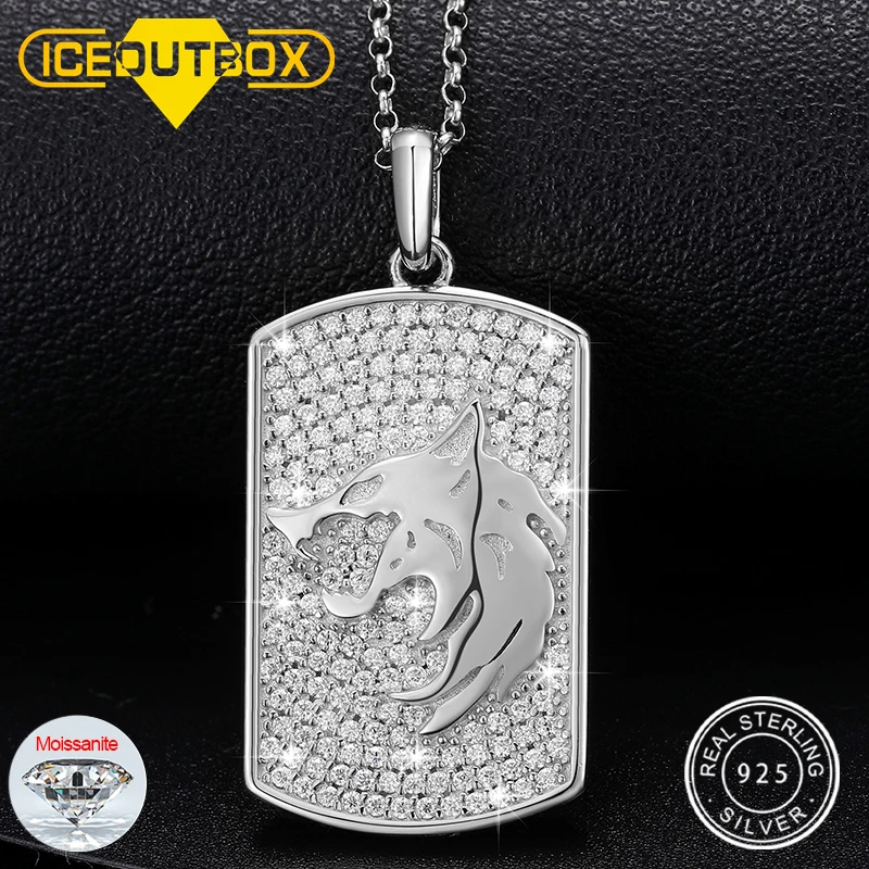 

Wolf Head Moissanite Military Tag Pendant Necklaces For Men Team Fight Hip Hop Jewelry 925 Sterling Silver Shining Iced Out Gift