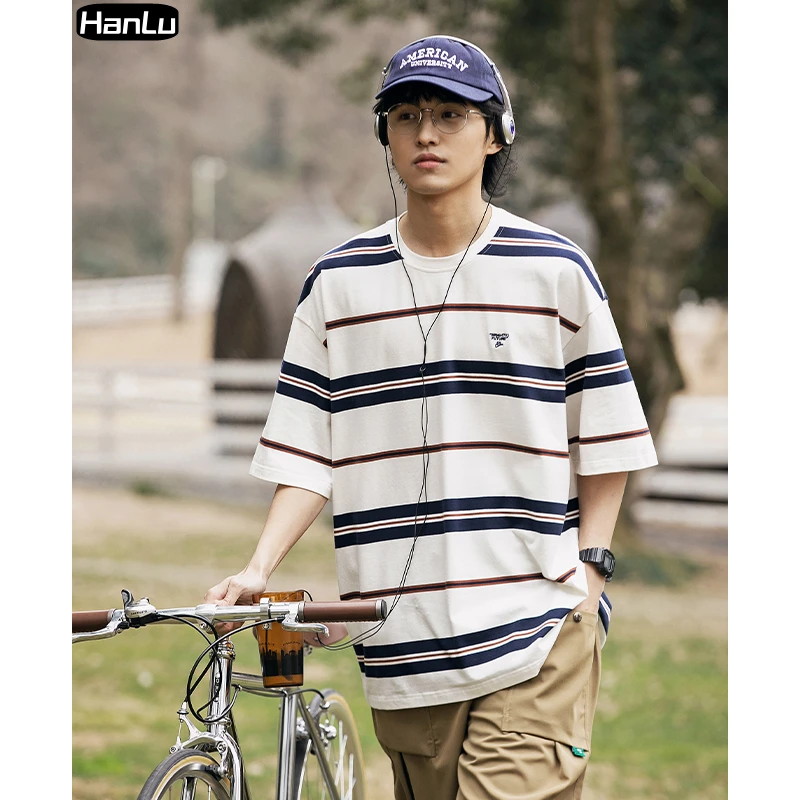

Summer New High Quality Flocked Cotton Hip Hop Loose Men's and Women's Embroidered Letter Stripe Short Sleeve T-shirt