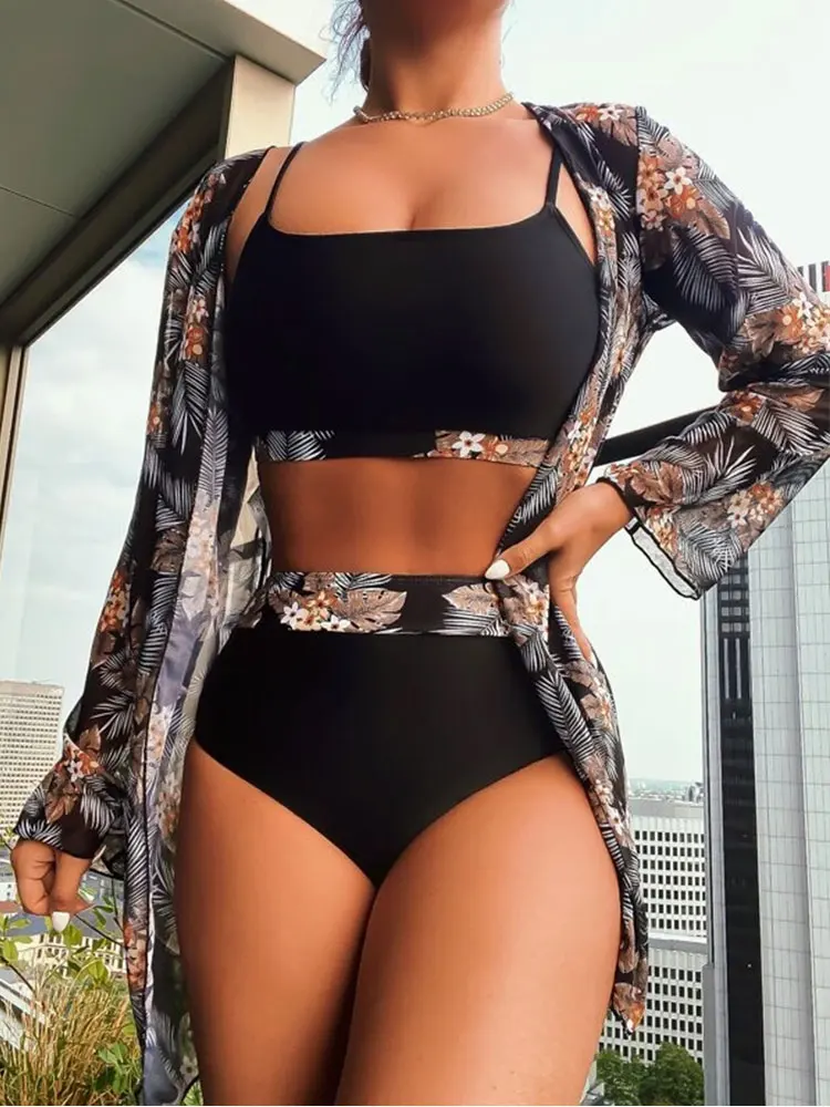 

Si-Ye High Waisted Swimsuit Women Sexy Bandeau Swimwear 3 Pieces Cover-ups Long Sleeve Mesh Bathing Suit Print Beachwear New