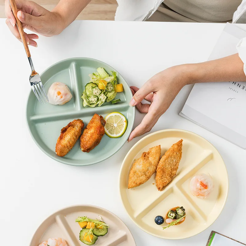 

Korean-style Round Three-grid Plate Ins Wind Tableware Color Glaze Ceramic Plate Creative Home Breakfast Plate Round Three Grid