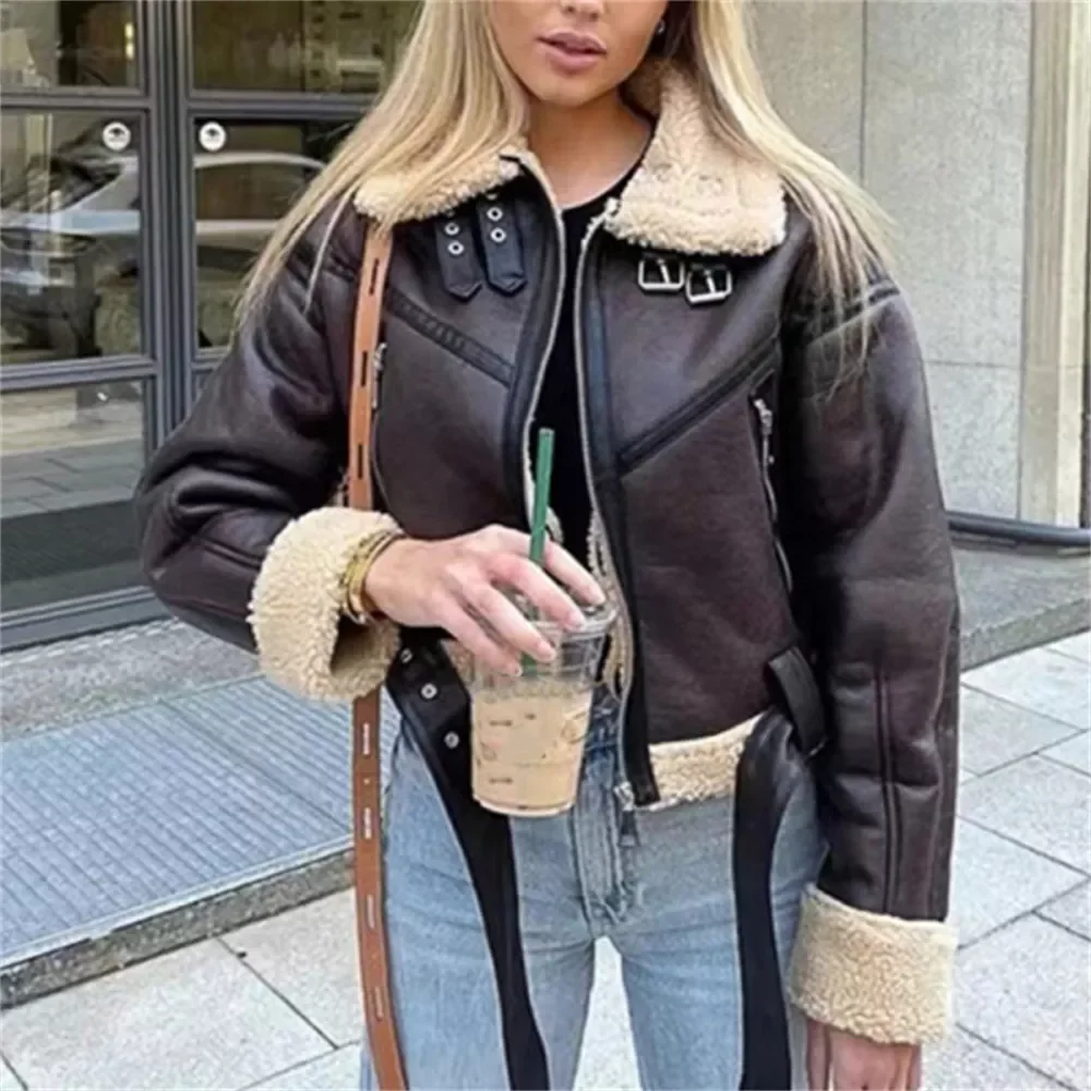 

2021 Women's Winter Coat Thick Faux Leather Fur Sheepskin Coat Female Fur Leather Jacket Aviator Jacket Zipper Ladies Parka Coat