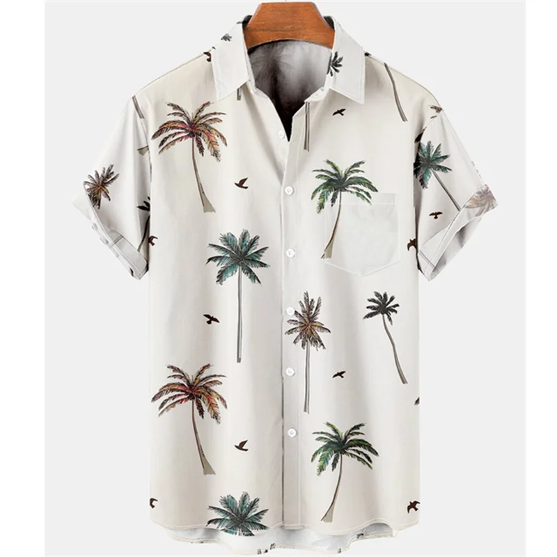 

Гавайская Мужская рубашка с коротким рукавом, рубашка с 3D принтом кокосового дерева, летняя модная уличная футболка с пуговицами и лацканами