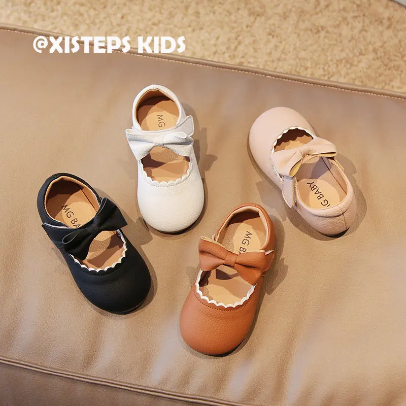 

XISTEPS Soft Leather Shoes For Infant Baby Girls Black White Mary Jane Shoes Non-slip Comfy Dress Shoes Kids Girls With Bow