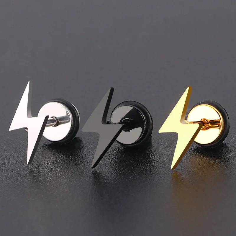 

Punk Titanium Lightning Stud Earrings for Men Stainless Steel Round Cake Black Earrings Screw Piercing Jewelry Party Gift