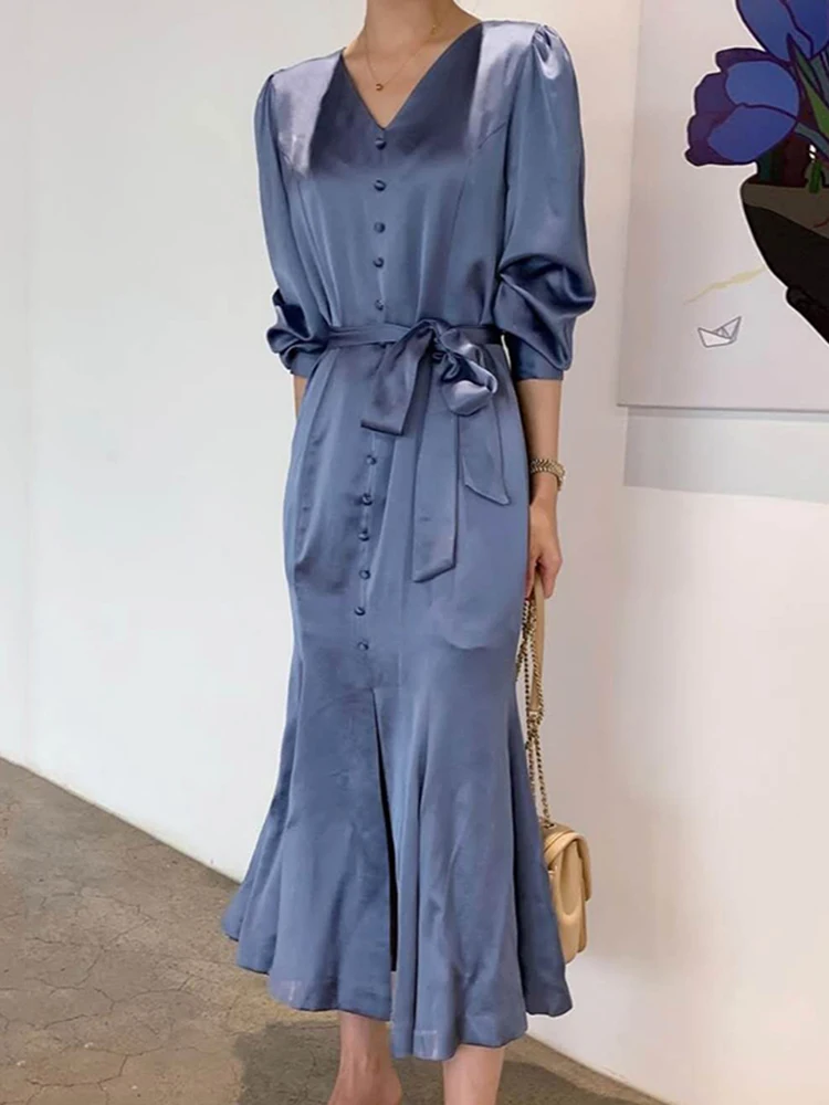 

Платье-Русалка с V-образным вырезом и рукавами-фонариками