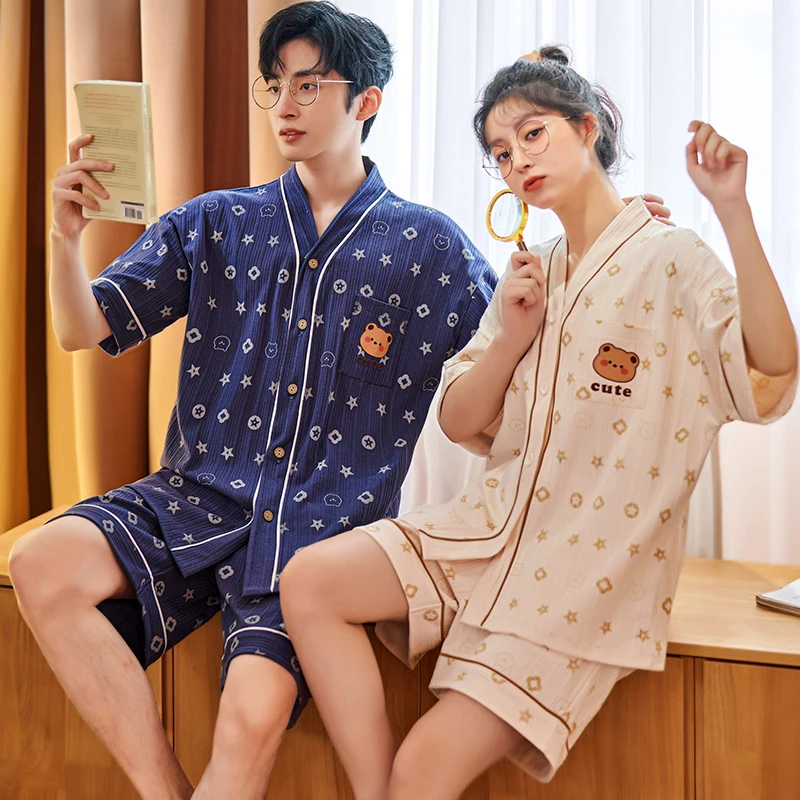 

Couple Pajamas Set Loose Cotton Nightwear Summer Casual Home Suit Sweet Sleepwear For Women Men's Homewear Cute Women Pajamas
