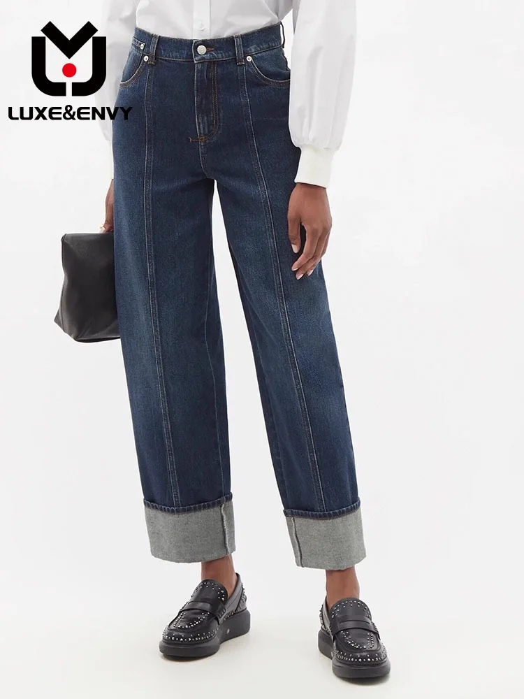 

LUXE&ENVY Same Style 2023 Spring Straight Barrel Denim Pants For Women With High Waist And Slim Flap