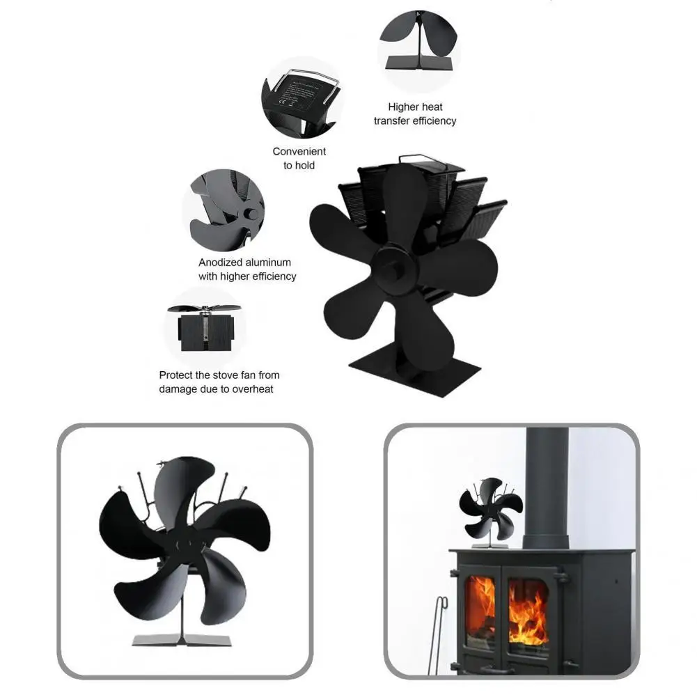 

Black Color Excellent 5 Blades Wood Burning Stove Blower Fan Fireplace Supplies Metal Fireplace Fan High-speed for Dorm