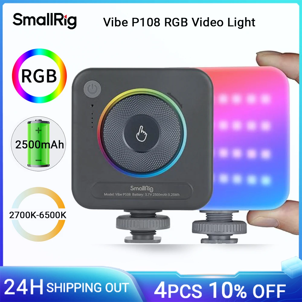 Фото Светодиодный видеосвет SmallRig P108 RGB, портативные LED-лампы для камеры 360° °   Полноцветная фотосъемочная подсветка с 3 креплениями для влогов на YouTube №1