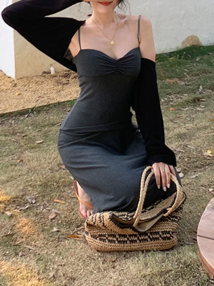 

Женское винтажное платье без рукавов, однотонное платье во французском стиле на бретелях-спагетти с воротником-лодочкой, весна-лето 2023