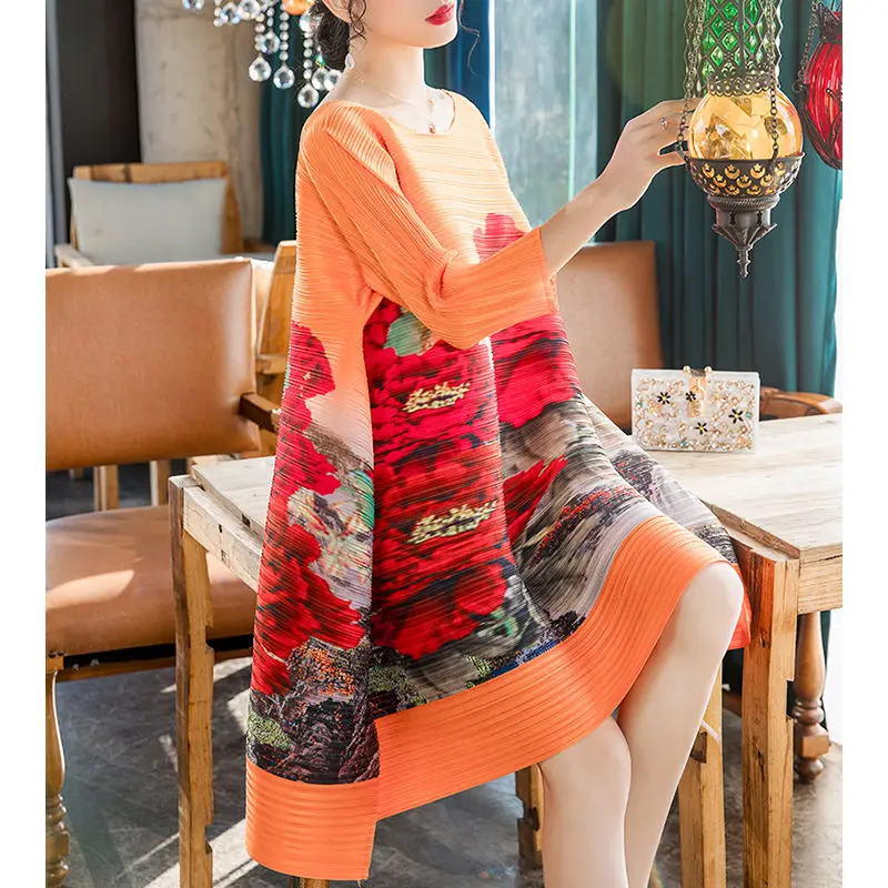 Женское плиссированное платье свободное этническое большого размера с принтом в