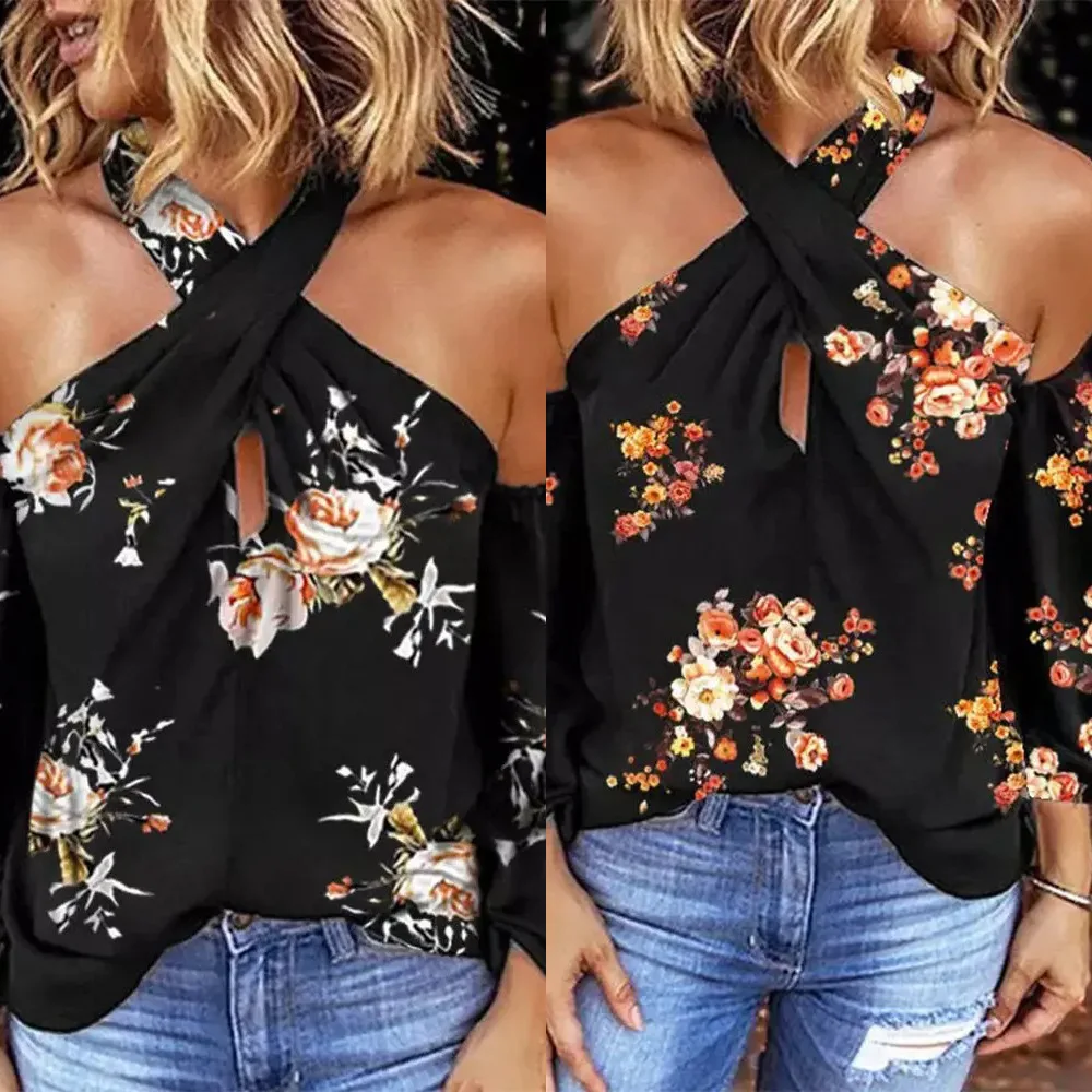 

2022 Summer new European and American printed long sleeve neck sexy backless loose top