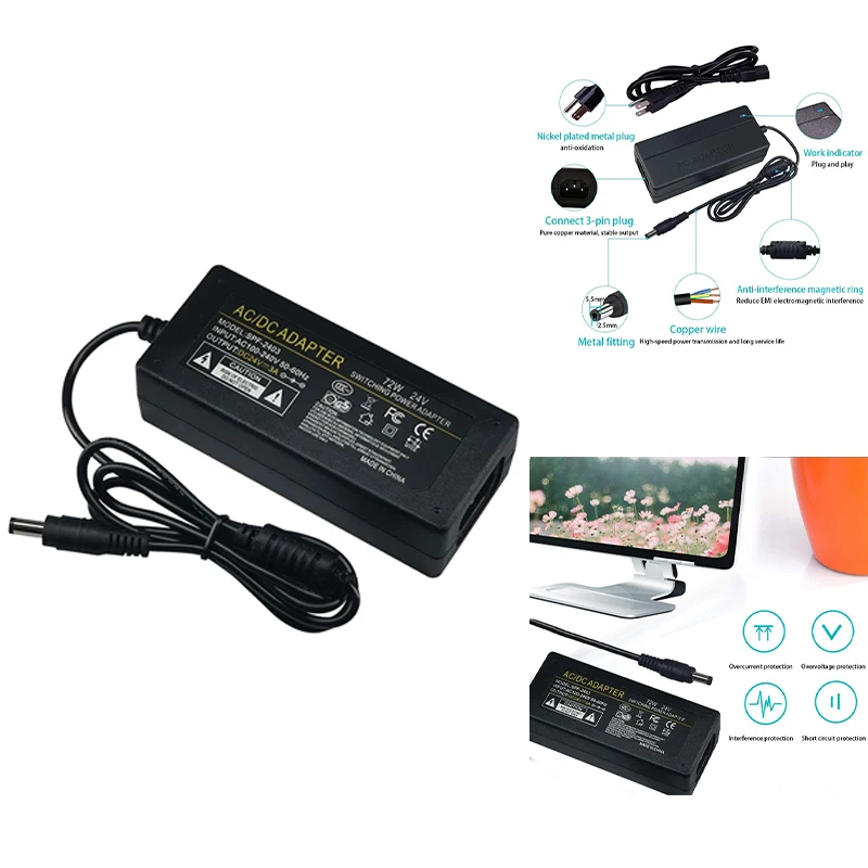 

Universal DC5525 AC 100V-240V To DC 24V 3A Power Switch Adapter 72W Switching Power Supply