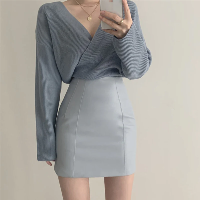 

Slim Sexy Blue V Neck Knitted Sweaters Loose Long Sleeve Jumper Women Outwear Pullovers Knitwear Shirts Tops Pull Femme N305