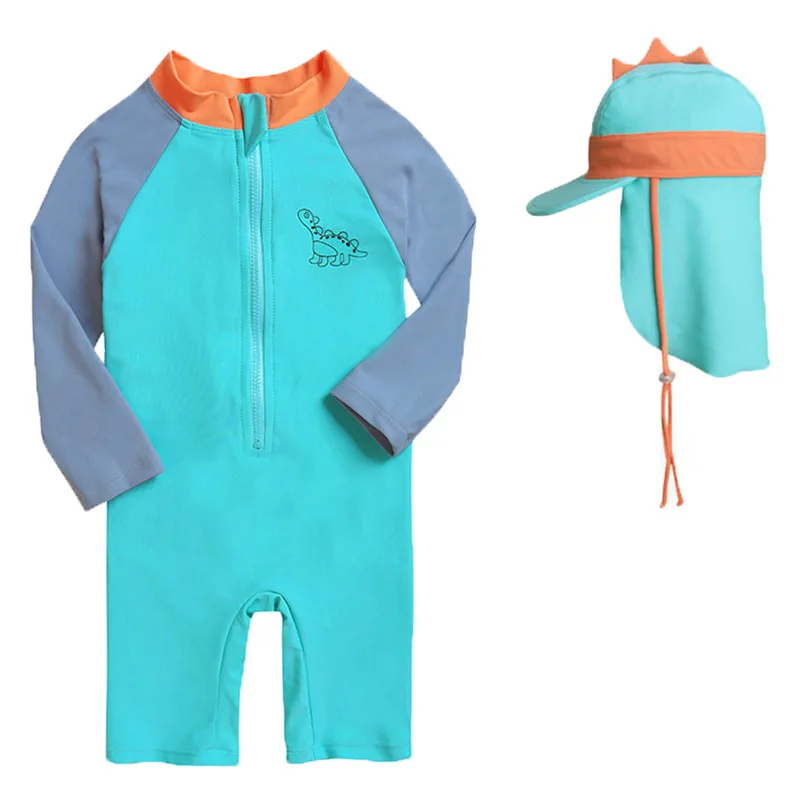 

Cute Toddler Boys Rashguard One Piece Swimsuit Long Sleeve Cartoon Dinosaur Bathing Suit Rash Guards with Swim Cap 1-7Y
