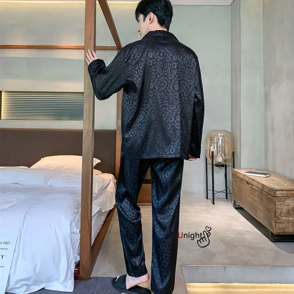 Men Silk Satin Pajamas Sets Long Sleeve Pyjamas Suit Sleepwear Pijama Men Loungewear Plus Size Set L-5XL Sleepwear Set