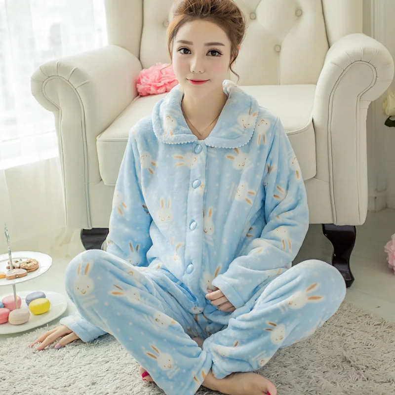 Flannel pajamas women winter plus size coral fleece cardigan women's sleepwear suit home service