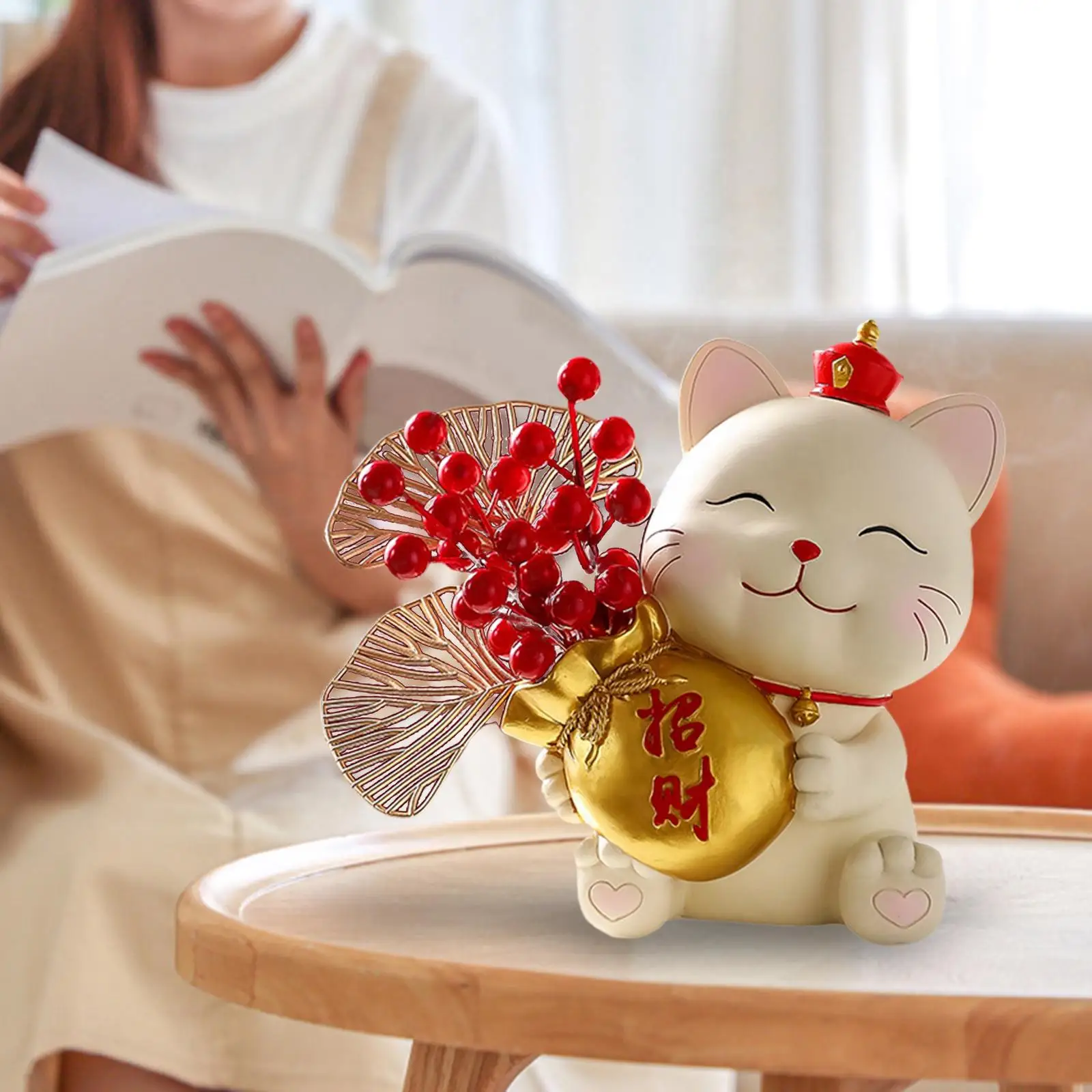 

Lucky Cat Figurine Animal Sculpture for Holiday New Year Gifts Living Room Home Art Decor