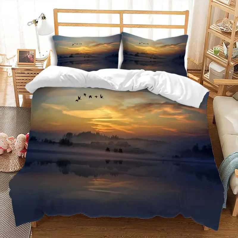 Пейзажные пододеяльники для подростков и взрослых, пододеяльник Queen Dusk Orange Sunset с 2-мя наволочками, комплект постельного белья с романтическими закатами и птицами (art.: 3920cd61ca882) - 3920cd61ca882